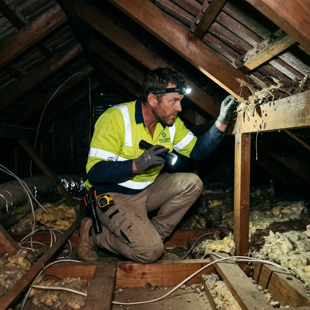Technician inspecting a roof cavity for a dead animal in Millbrook