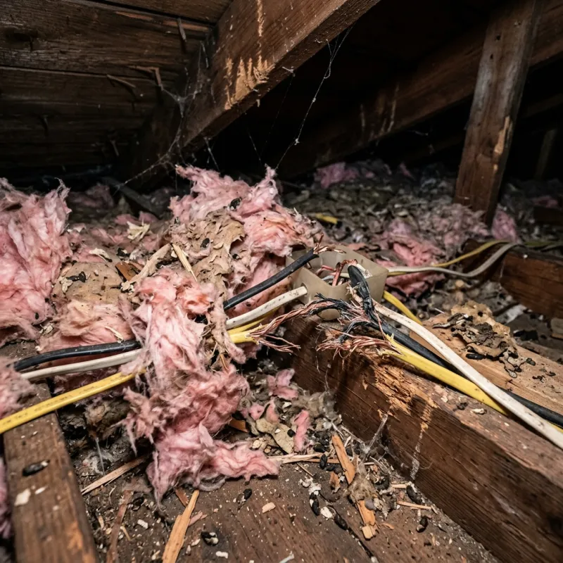 Contaminated ceiling insulation being assessed in a Millbrook roof space